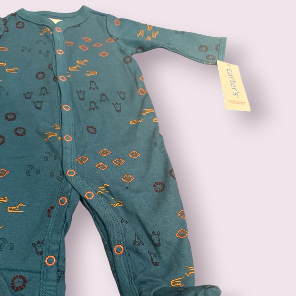NWT Baby Carter's Teal Button Front Footies With Animal Print Size 3 Months - Picture 3 of 9